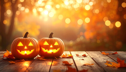 夕暮れに灯る2つのジャックオランタン｜Three Glowing Jack-o'-Lanterns at Sunset