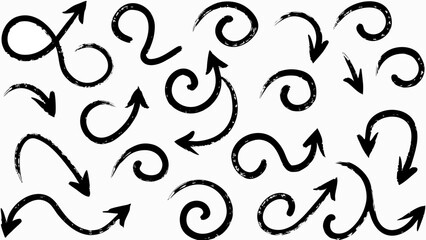 Collection of stylized black arrow illustrations with various curved and directional designs on white background