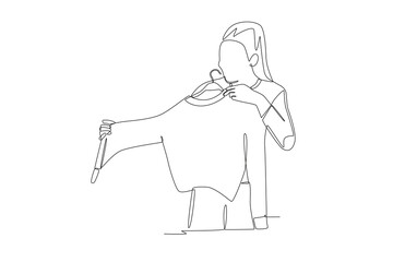 Woman trying on clothes before buying them. Shoping trying on clothes concept one-line drawing