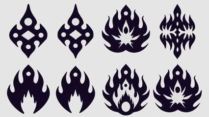 Various stylized black flame and geometric designs arranged in a grid pattern on white background