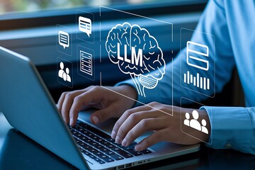 LLM large language model and custom AI solutions. Artificial intelligence driven automation technology. Businessman using laptop computer for training and instructing AI.