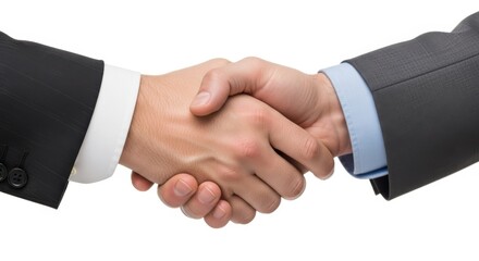 Obraz premium Two business professionals in suits shaking hands signifying agreement and partnership collaboration