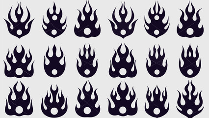 A collection of stylized black flame icons arranged in a grid pattern on a light background surface