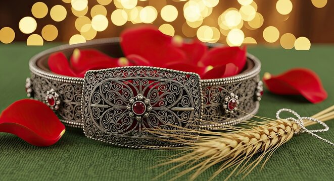Intricate Sterling Silver Bracelet with Red Gemstones and Rose Petals Display