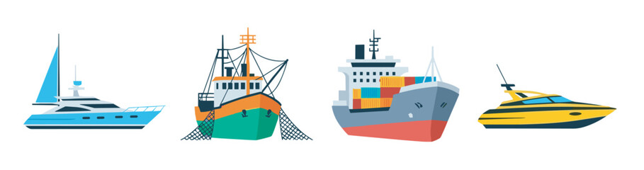 Obraz premium Stylized vector icons of four types of boats, including a sailboat, fishing boat, cargo ship, and speedboat, showcasing diverse maritime transportation.