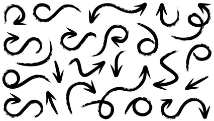 Collection of twenty four black hand drawn arrows pointing in different directions on a white background