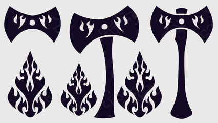 Illustration of three axe designs with flame accents in a dark color on a light background design set