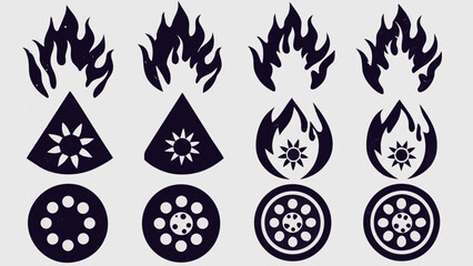 Four sets of abstract symbols with flames, suns and wheels in a vertical arrangement on a light background