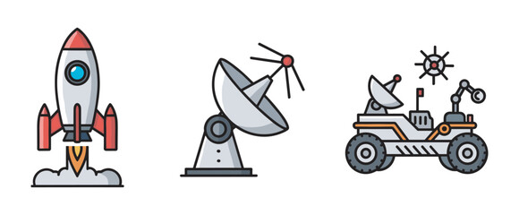 Fototapeta premium Colorful cartoon illustrations of a rocket launching, a satellite dish, and a space rover with an antenna for exploration themes.