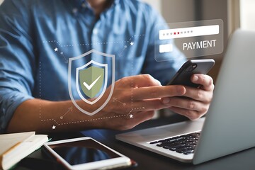 Secure mobile payment authentication with password protection and digital shield icon on smartphone. Online banking and e-commerce safety technology concept for cybersecurity and finance.