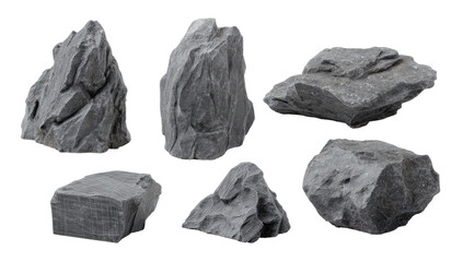 Obraz premium Six gray rocks of different shapes and sizes against a black background