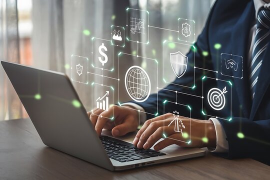 Hands typing on laptop with financial icons, showing investment growth, currency exchange, fintech technology, savings management, interest rate and secure digital banking strategy concept.