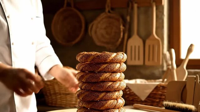 Artisanal Baker's Hands Carefully Stacking a Tower of Fresh Golden Sesame Simit in a Rustic Kitchen
