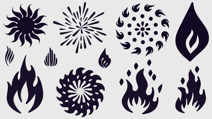 Collection of stylized sunbursts fire and flame icons in black and white vector illustration set