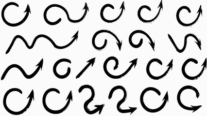 Illustration showing a collection of twenty four hand drawn black arrows with various curves and directions