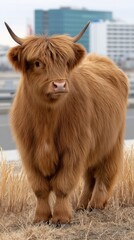 Stunning Highland cow standing proudly in lush grass with farm buildings and a cloudy sky in the background during daytime