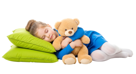 Cute little girl sleeping peacefully on green pillows, hugging her beloved teddy bear, isolated on white background.