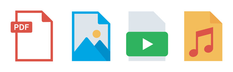 Colorful icons representing different file types, including pdf, image, video, and audio, arranged in a row.
