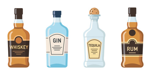 A collection of four distinct liquor bottles, each labeled as whiskey, gin, tequila, and rum, showcasing different shapes and colors.