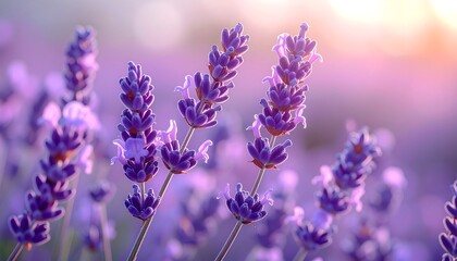 Obraz premium Lavender field bathed in golden sunlight. Close-up view of vibrant purple blossoms