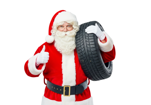 Santa Claus giving thumbs up while holding a car tire, symbolizing holiday automotive service and safe winter driving.