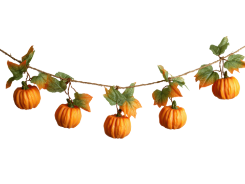 Decorative autumn string with vibrant pumpkins and leaves on a transparent background, cut out