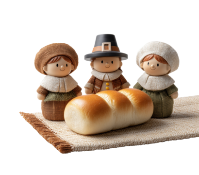Thanksgiving celebration scene with festive bread and figures on a transparent background, cut out