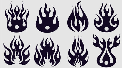 Collection of eight stylized black flame designs with varying shapes and flame configurations set on white