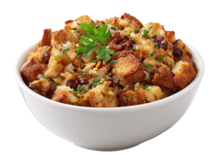 Savory bread stuffing with herbs and spices for holiday meals on a transparent background, cut out