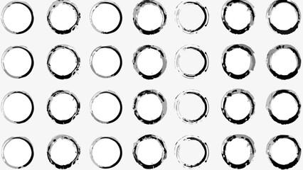 A collection of thirty six circles with varying degrees of grunge and texture in a grid pattern on white