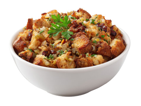 Savory bread stuffing with herbs and spices for holiday meals on a transparent background, cut out