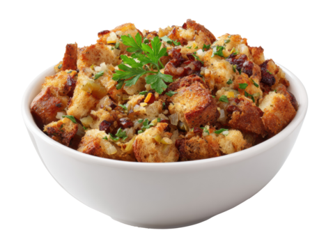 Savory bread stuffing with herbs and spices for holiday meals on a transparent background, cut out