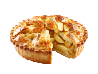 Delicious apple pie with golden crust and sliced apples on a transparent background, cut out