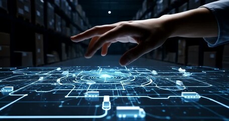 Hand interacting with a digital interface in a modern warehouse setting - Powered by Adobe