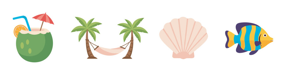 Fototapeta premium Colorful vector icons of a tropical drink, palm trees with a hammock, a seashell, and a striped tropical fish.