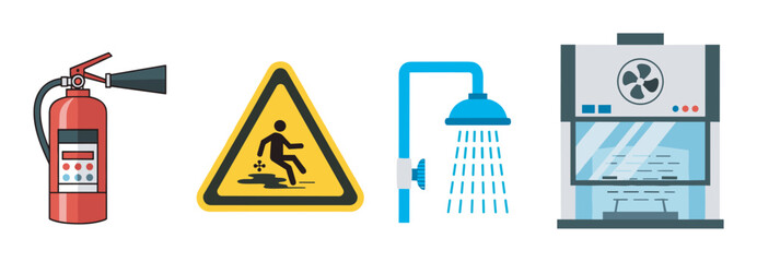 A red fire extinguisher, a yellow caution wet floor sign, an emergency shower, and a fume hood are depicted as essential safety equipment icons.
