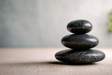 Three Balanced Black Stones Stacked in Minimalist Setting