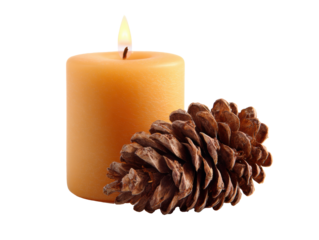 Warm candle and pine cone arrangement for cozy home decor on a transparent background, cut out