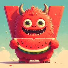 Cute red monster holding a watermelon slice shaped like the letter W