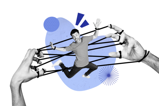 Composite trend artwork sketch collage of copyspace monochrome young man jump levitate hand gesture catch rope control puppet manipulate