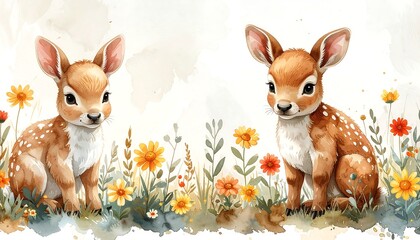 Watercolor painting of two baby deer in a flower field