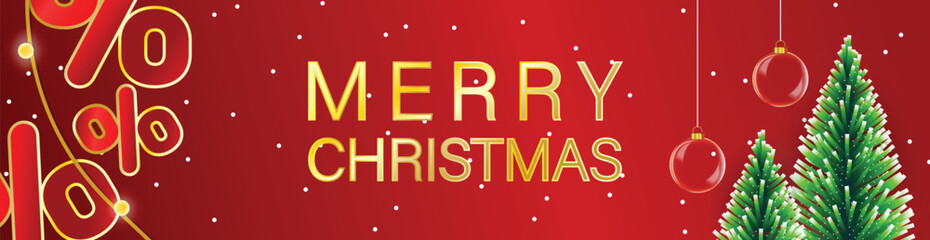 Merry Christmas design, red festive background, golden text, ornamented pine trees, baubles, snow, winter card