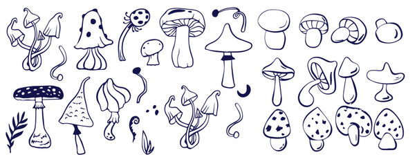 Outline mushrooms doodle big set. Fungi hand drawn sketch of various shapes and sizes isolated on white background