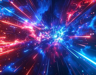 Naklejka premium Neon pink and blue background with rays of neon light against the sky and clouds