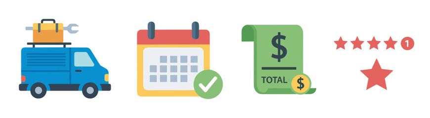 Blue delivery van with luggage and a wrench on top, next to a calendar with a checkmark, a receipt with a dollar sign, and a five-star rating with a notification.