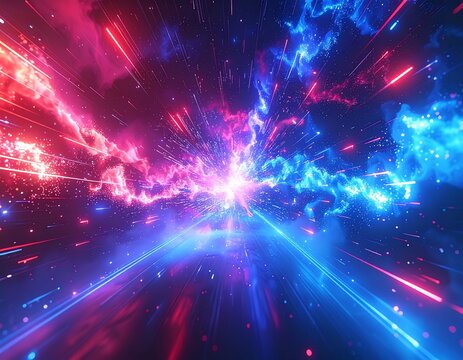 Neonowe, r&oacute;żowo-niebieskie tło z promieniami neonowego światła na tle nieba i chmur