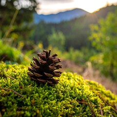 Close-up of pine cone on moss, mountain backdrop