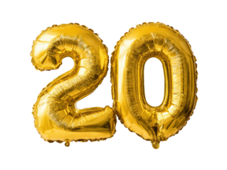 Golden balloon numbers for celebrating a milestone birthday event on a transparent background, cut out