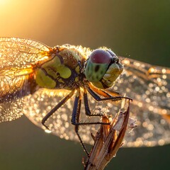 Close-up of a dragonfly perched on a stem, bathed in golden sunlight.  Dewdrops sparkle on its iridescent wings