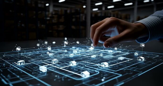 Hand interacting with a digital warehouse management system interface - Powered by Adobe